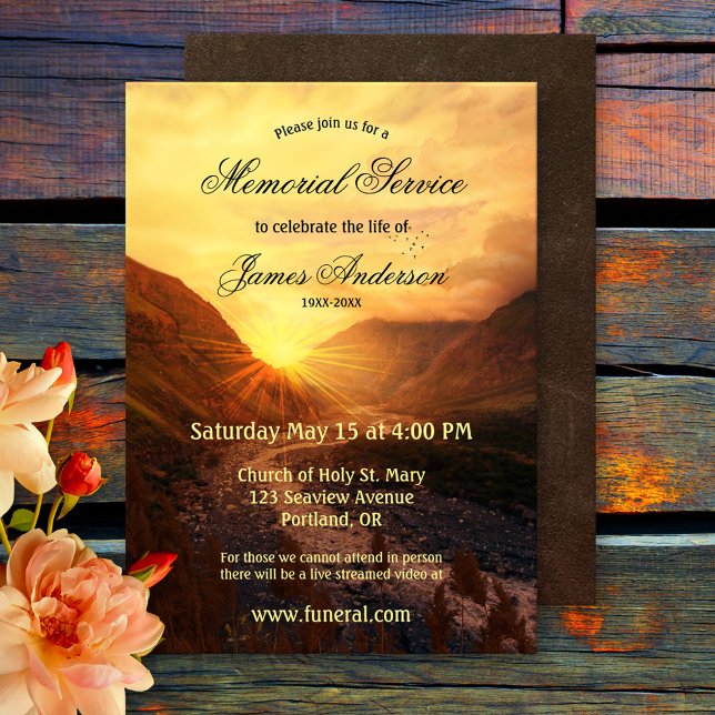 Convites Serviço de Memória Funeral Sunset de Montanha (Memorial, funeral service or celebration of life invitation featuring a sunset over the mountains)