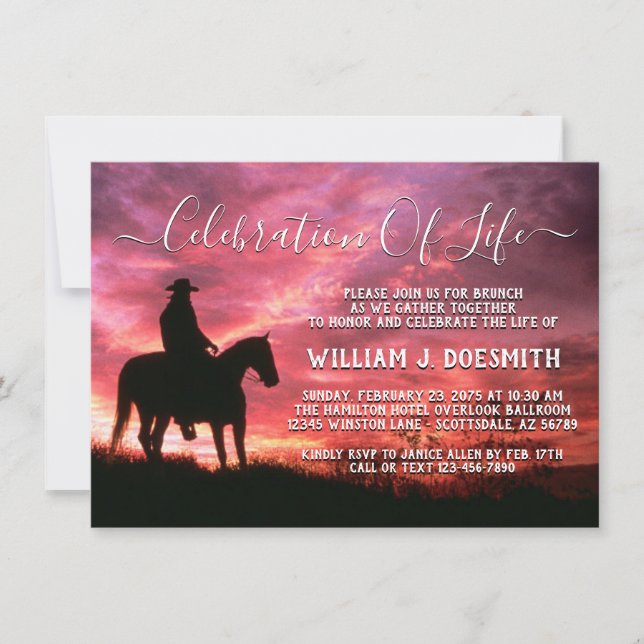 Convites Serviço Funerário Memorial Cowboy Sunset com Caval (Frente)
