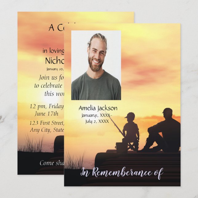 Convites Serviço Memorial Convidar Pai Filho Peixe de Pesca (Frente/Verso)