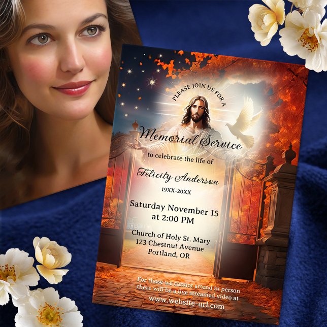 Convites Serviço Memorial de Funeral Cristão Moderno (Memorial, funeral service or celebration of life invitation featuring Christ at heaven's gate)