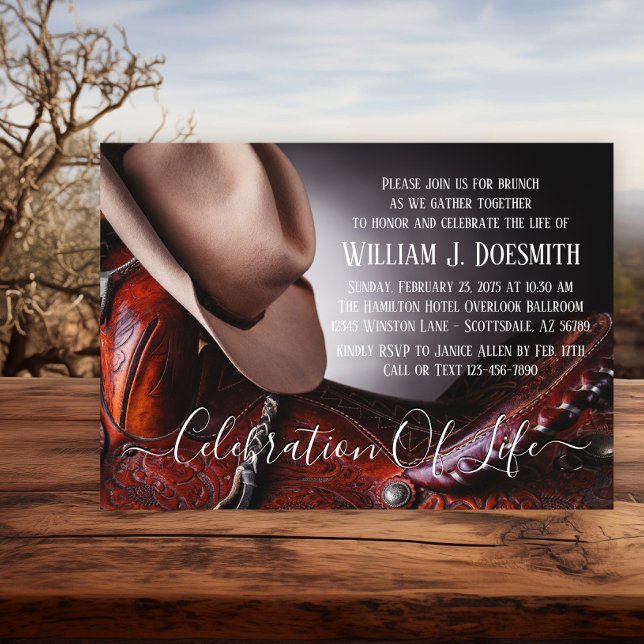 Convites Serviço Memorial de Funeral de Selim de Chapéu de  (Hat and saddle memorial invitation. Simply add your event details.)