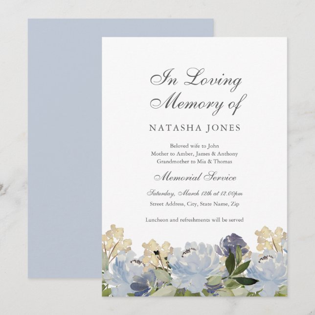Convites Serviço Memorial Floral Azul Elegante (Frente/Verso)