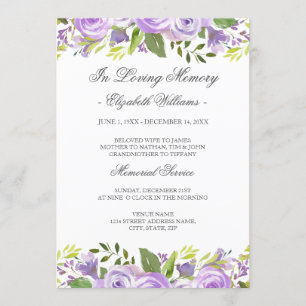 Convites Serviço Memorial Floral em Aquarela Roxa Elegante
