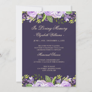 Convites Serviço Memorial Floral em Aquarela Roxa Elegante
