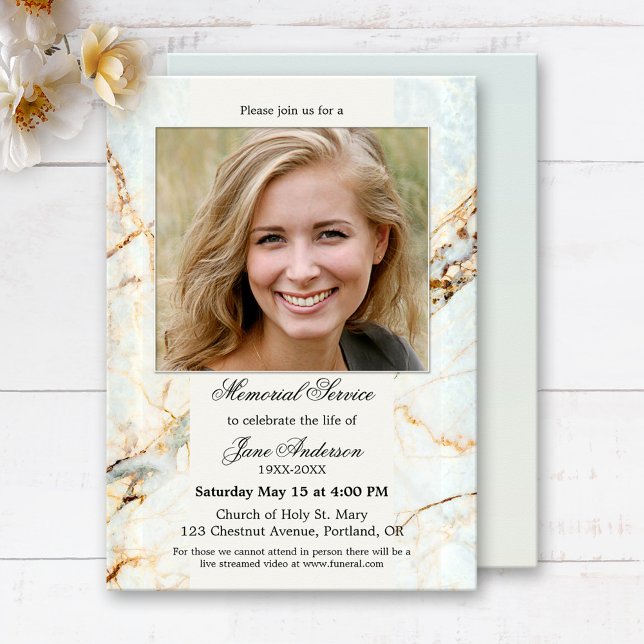 Convites Serviço Memorial Funeral Elegante Marble (Elegant memorial or funeral service invitation featuring your custom photo framed by a marble design)