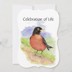 Convites Serviço Memorial Invite Watercolor Robin Bird