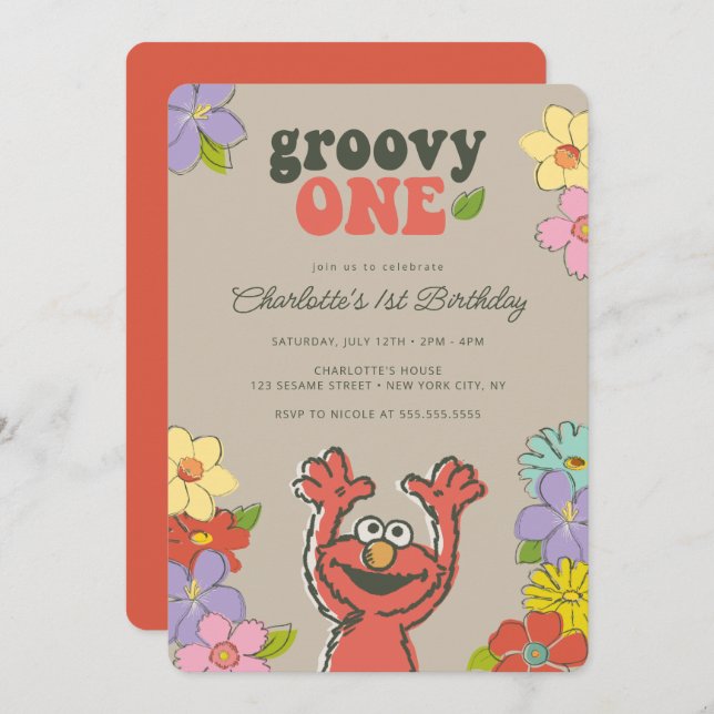 Convites Sésame Street Elmo | Groovy One Floral Birthday (Frente/Verso)