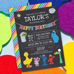 Convites Sesame Street Pals Chalkboard primeiro aniversario