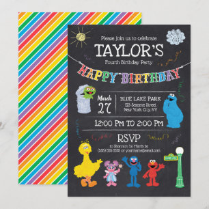 Convites Sesame Street Pals Chalkboard Rainbow 4º anivers