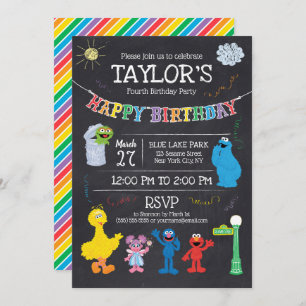 Convites Sesame Street Pals Chalkboard Rainbow 4º aniversár