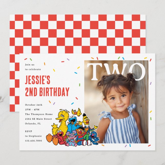 Convites Sesame Street Red Confetti Second Birthday (Frente/Verso)