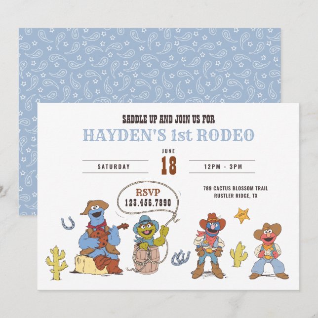 Convites Sesame Street Rodeo Cowboy Birthday  (Frente/Verso)
