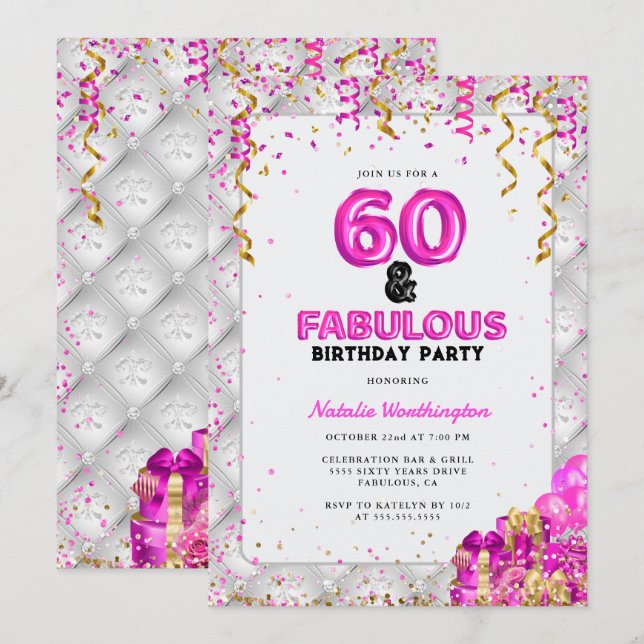 Convites Sessenta e fabulosa rosa Dourada 60º aniversário (Frente/Verso)