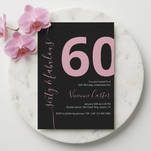 Convites Sessenta e Fabuloso Script Rosa Aniversário de 60  (Sixty and Fabulous Script Pink 60th Birthday Party Invitation)