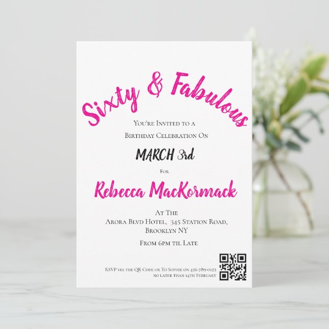 Convites Sessenta e Fabuloso Script Rosa Aniversário de 60  (Em pé/Frente)