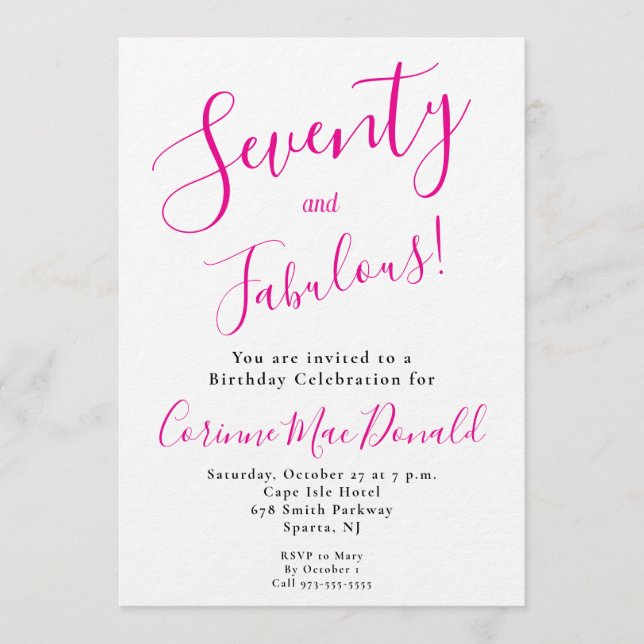 Convites Sessenta e Fabuloso Script Rosa Aniversário de 70  (Frente)