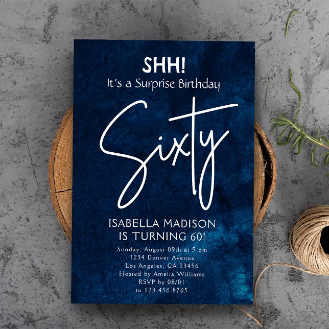 Convites Sessenta | Marinho Blue 60th Birthday Surprise Par (Sixty | Navy Blue 50th Birthday Surprise Party Invitation
)