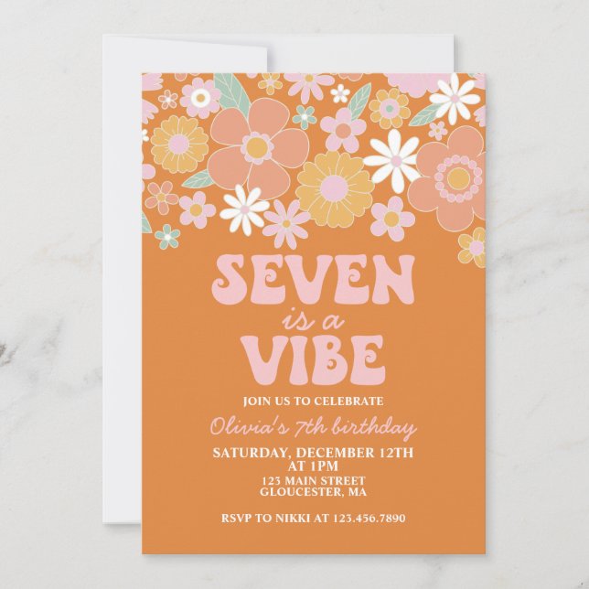 Convites Sete é uma vibe Groovy Floral Retro aniversário de (Frente)