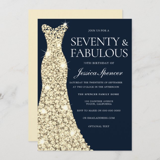 Convites Setenta e fabulosa! Aniversário do 70 de Dourada d (Frente/Verso)