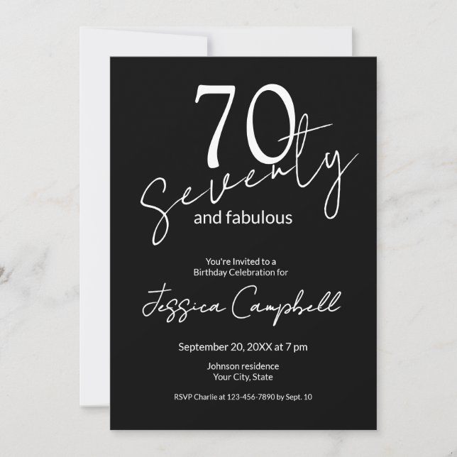 Convites Setenta e Fabuloso Script Preto Aniversário de 70  (Frente)