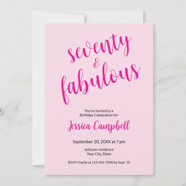 Convites Setenta e Fabuloso Script Rosa Aniversário de 70 a (Frente)