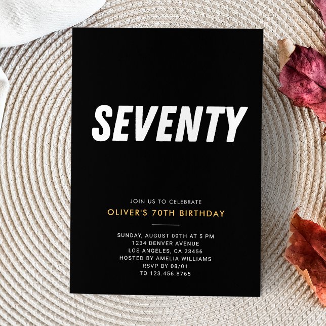 Convites Setenta | Festa de aniversário Dourada e preto sim (Seventy | Simple Black & Gold 70th Birthday Party Invitation
)