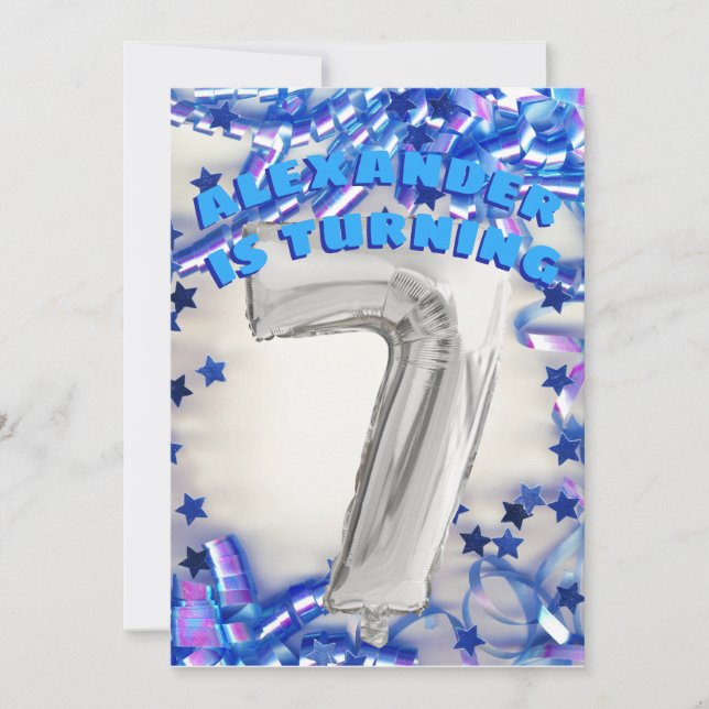 Convites Sétima Festa de Prata de Aniversário e Azul, 7 Men (Frente)