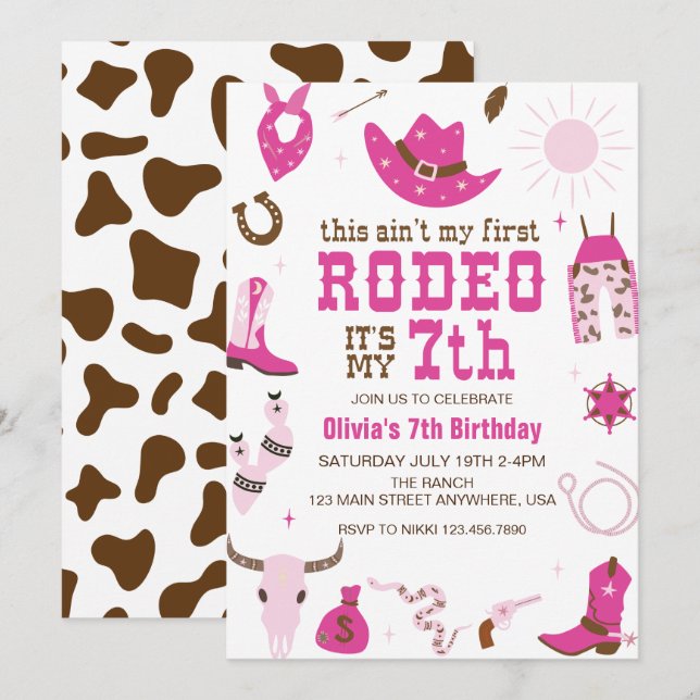 Convites Sétimo Aniversário Rodeo Western Cowgirl 7TH (Frente/Verso)