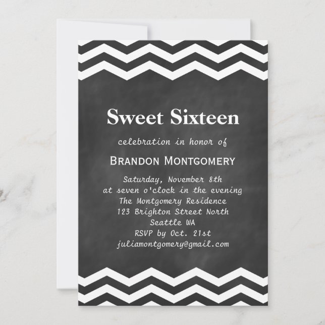 Convites Seu Concurso Chalkboard & White Chevron Sweet 16 (Frente)
