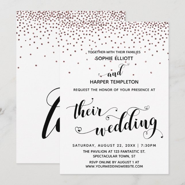 Convites Seu Coração de Casamento Script Rosé Dourado Confe (Frente/Verso)