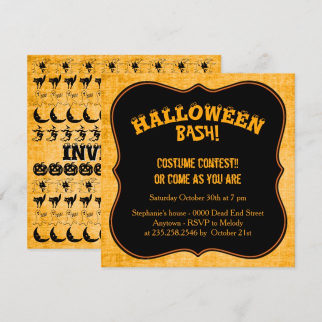 Convites Seu texto: Padrão Icônico do Dia das Bruxas Preto/ (Frente/Verso)