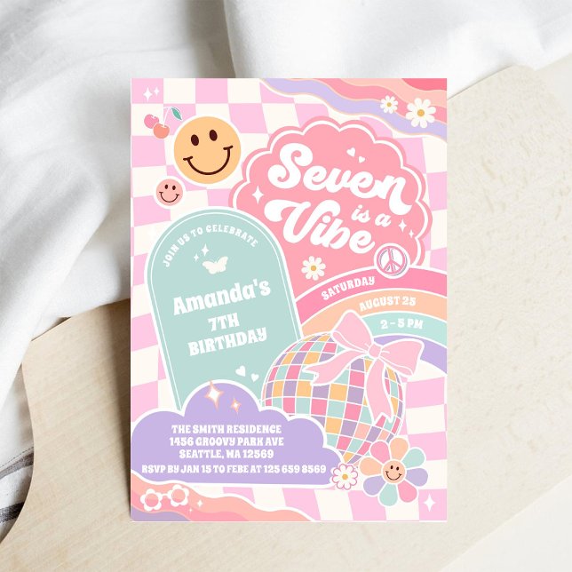 Convites Seven Is A Vibe Cloud Rainbow Disco 7th Birthday  (Criador carregado)