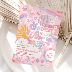 Convites Seven Is A Vibe Retro Groovy Daisy 7º Aniversário