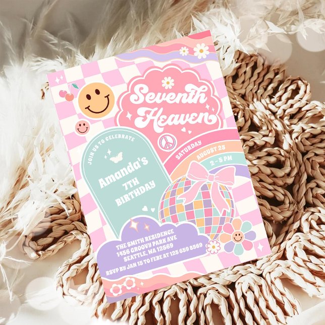 Convites Seventh Heaven Cloud Rainbow Disco 7th Birthday (Criador carregado)