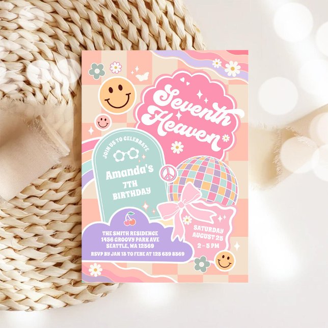 Convites Seventh Heaven Cloud Rainbow Disco 7th Birthday  (Criador carregado)