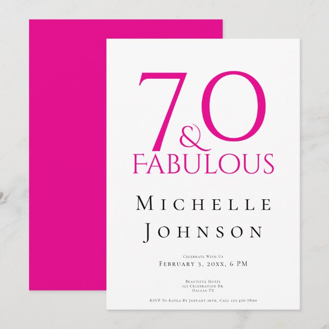 Convites Seventy and Fabulous Minimal Pink 70th Birthday (Frente/Verso)