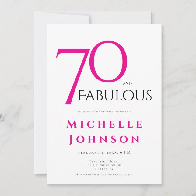 Convites Seventy and Fabulous Minimal Pink 70th Birthday (Frente)