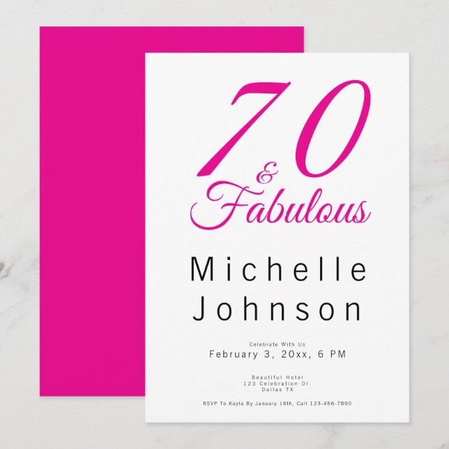 Convites Seventy and Fabulous Minimal Pink 70th Birthday (Frente/Verso)