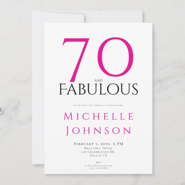 Convites Seventy and Fabulous Minimal Pink 70th Birthday (Frente)