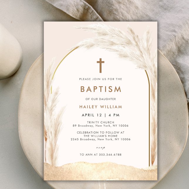 Convites Sexo Batismo Cruzado Boho Pampas (Gender Neutral Boho Pampas Cross Baptism Invitation)