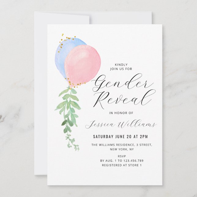 Convites sexo de bebê de balão azul e rosa (Frente)