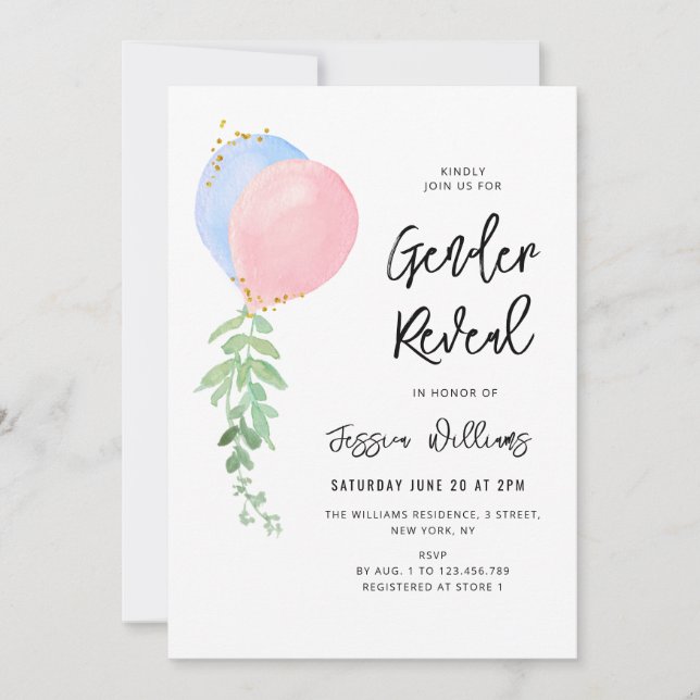 Convites sexo de bebê de balão azul e rosa (Frente)