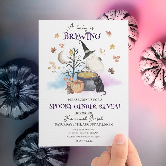 Convites Sexo de Halloween O Bebê está a criar (.Baby is brewing gender reveal invitation.)