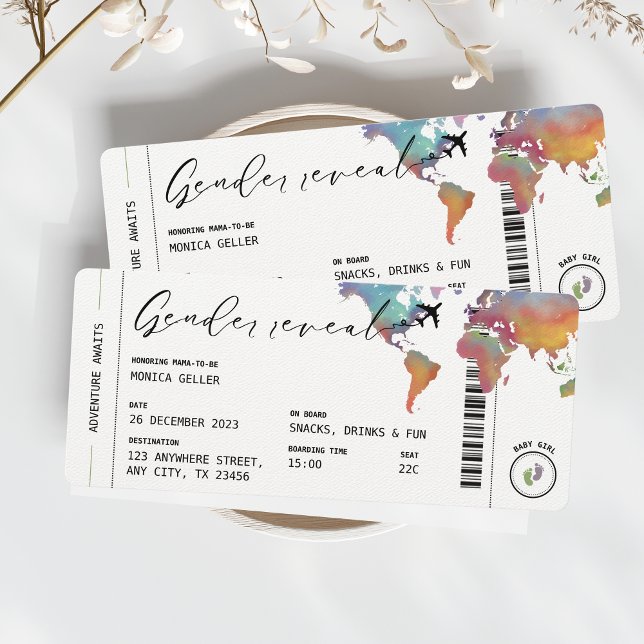 Convites Sexo de Passagem de Embarque Revelar Viagem de Aqu (Gender Reveal Boarding Pass Watercolor Travel Aesthetic Unique Invitation Boy or Girl)