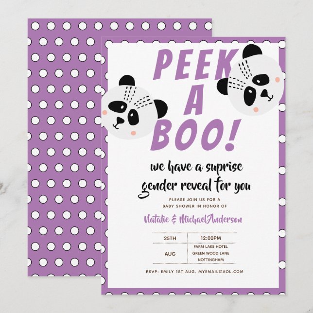 Convites Sexo de Peek-A-Boo Revelação Panda Urso Roxo Bebê (Frente/Verso)