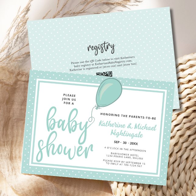 Convites Sexo Pais Neutros Mint QR Code Chá de fraldas (Gender Neutral Pastel Green Parents Baby Shower Invitation with QR code, balloon, polka dots.)