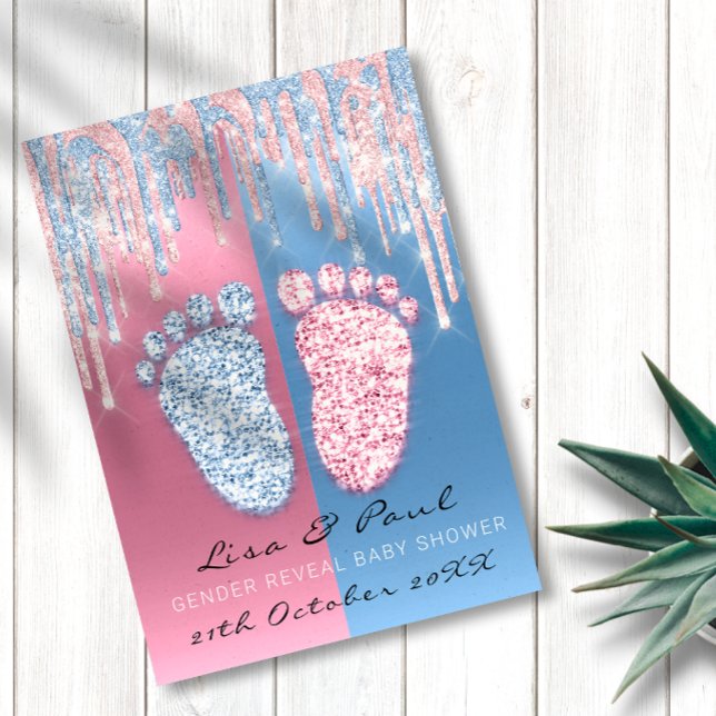 Convites Sexo Revela Brilhante Derrame Rosa Menino Azul (Gender Reveal Glitter Drip Pink Blue Baby Boy Girl Invitation)