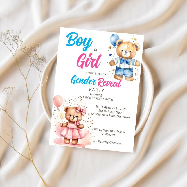 Convites Sexo revela ursinho bonitinho ou modelo (Gender reveal template invitation digital download cute teddy bear girl and boy balloons he or she)