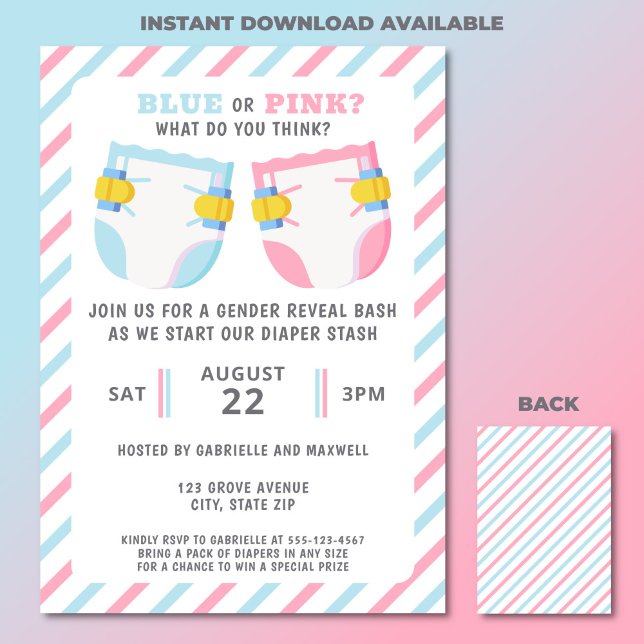 Convites Sexo Revelar Fralda Parte Azul Ou Rosa (Gender reveal diaper stash party invitation)