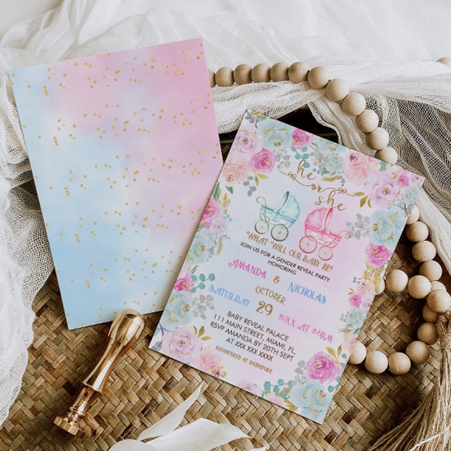 Convites Sexo Revele Chá de fraldas de Roladores Azuis Rosa (Criador carregado)